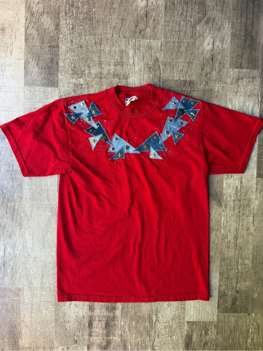 Vintage 90s Red Graphic Tee Denim Applique Brass Stud Star Yoke Western